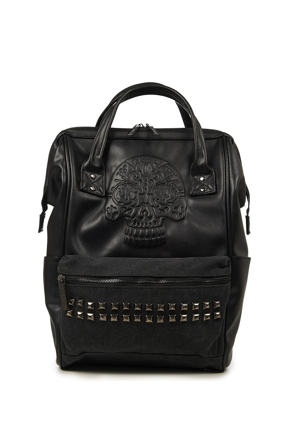 Black backpack with studs on front pocket and embossed skull detail above