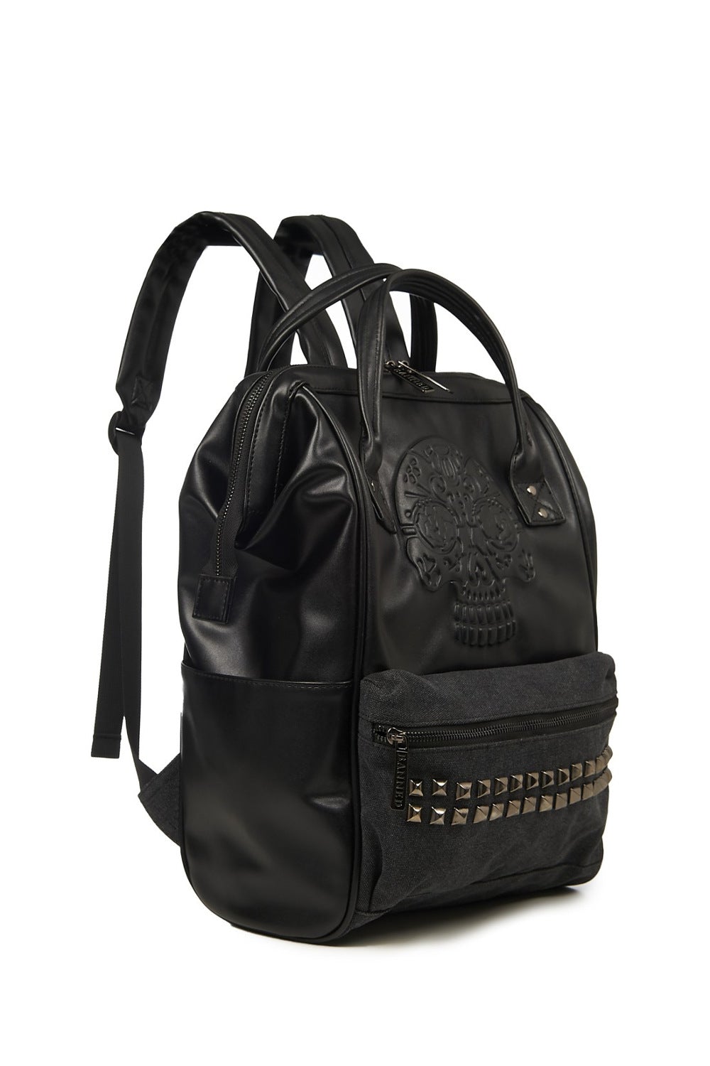 Black backpack with studs on front pocket and embossed skull detail above