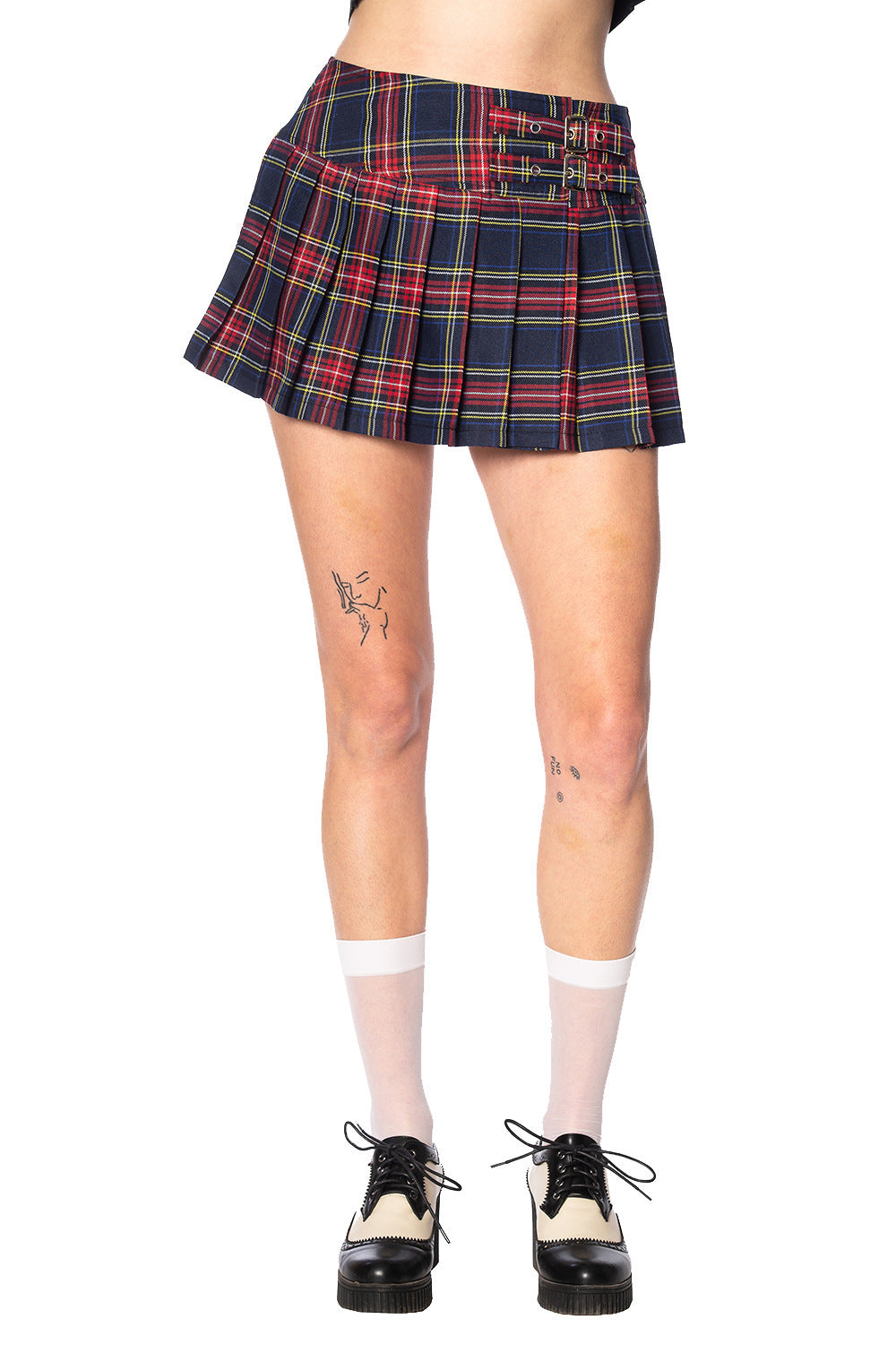 Navy and red tartan mini skirt with buckle features. 
