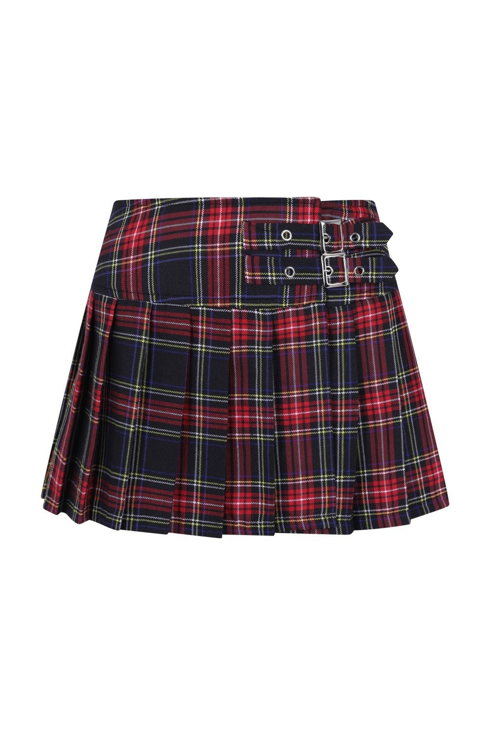 Ghost shot of red and navy tartan mini skirt with buckle features. 