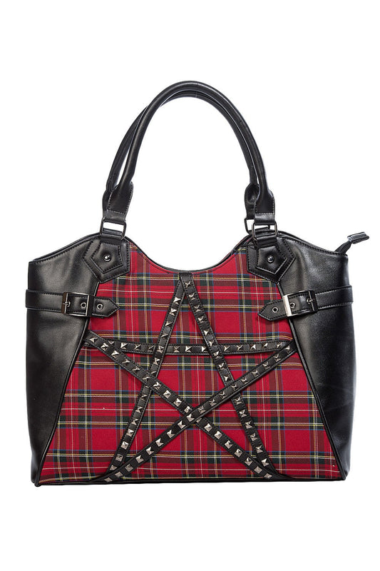 Red tartan handbag with studded pentagram feature.