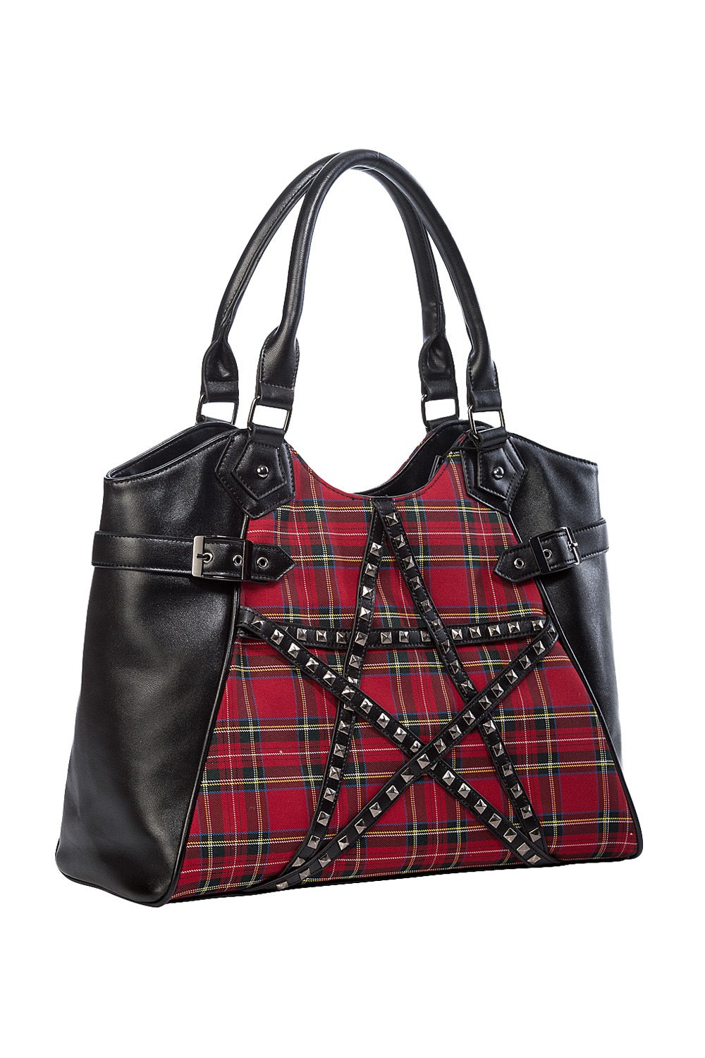 Red tartan handbag with studded pentagram feature.
