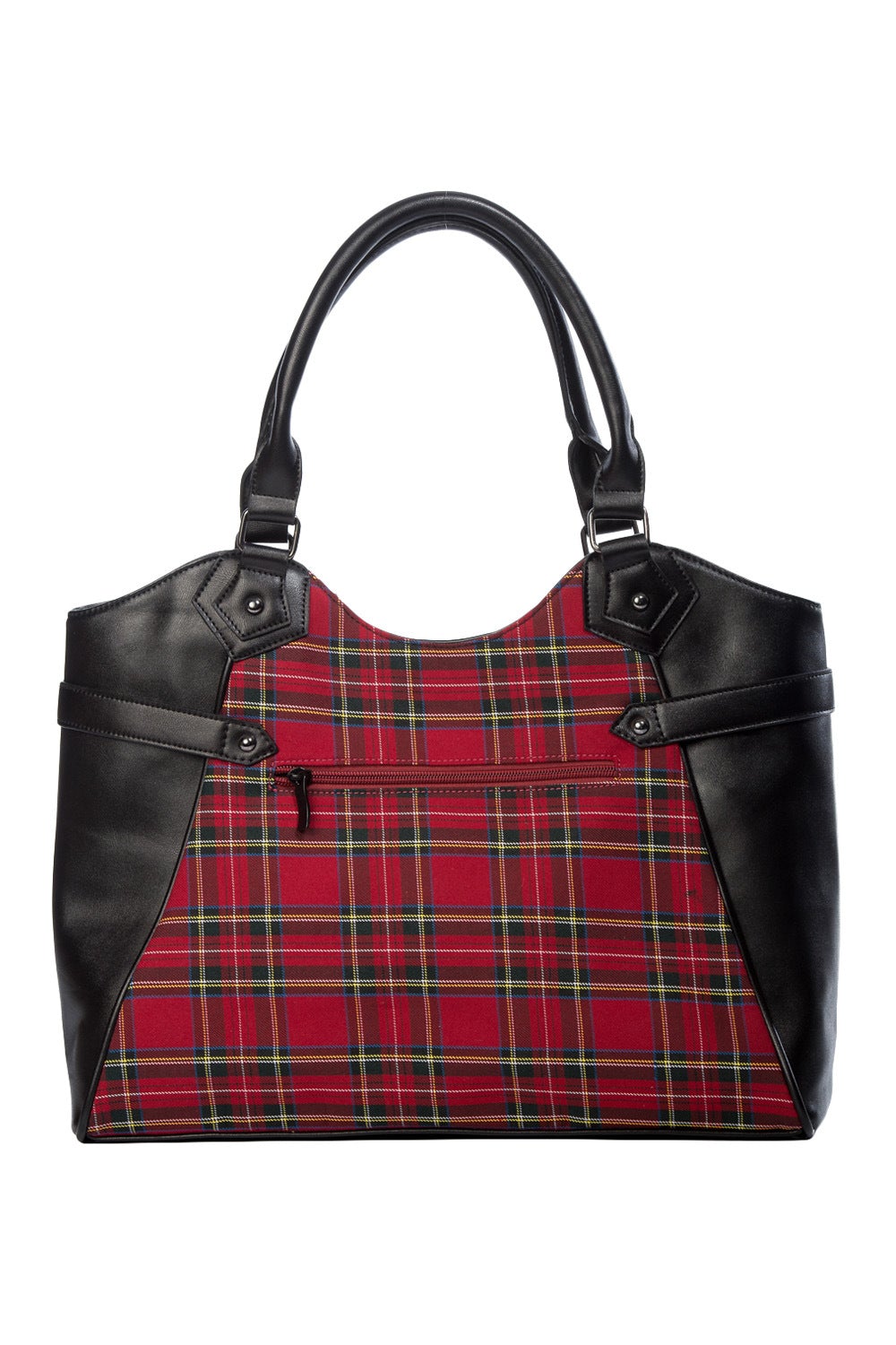 Red tartan handbag with studded pentagram feature.