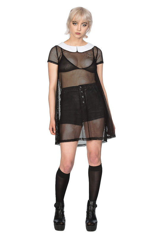 Alternative model in a mini sheer mesh black, short sleeved dress with white peter pan collar.