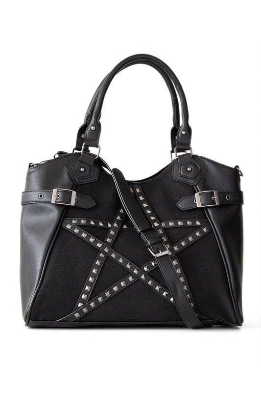 Black handbag with studded pentagram feature.