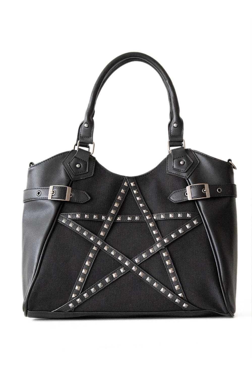 Black handbag with studded pentagram feature.