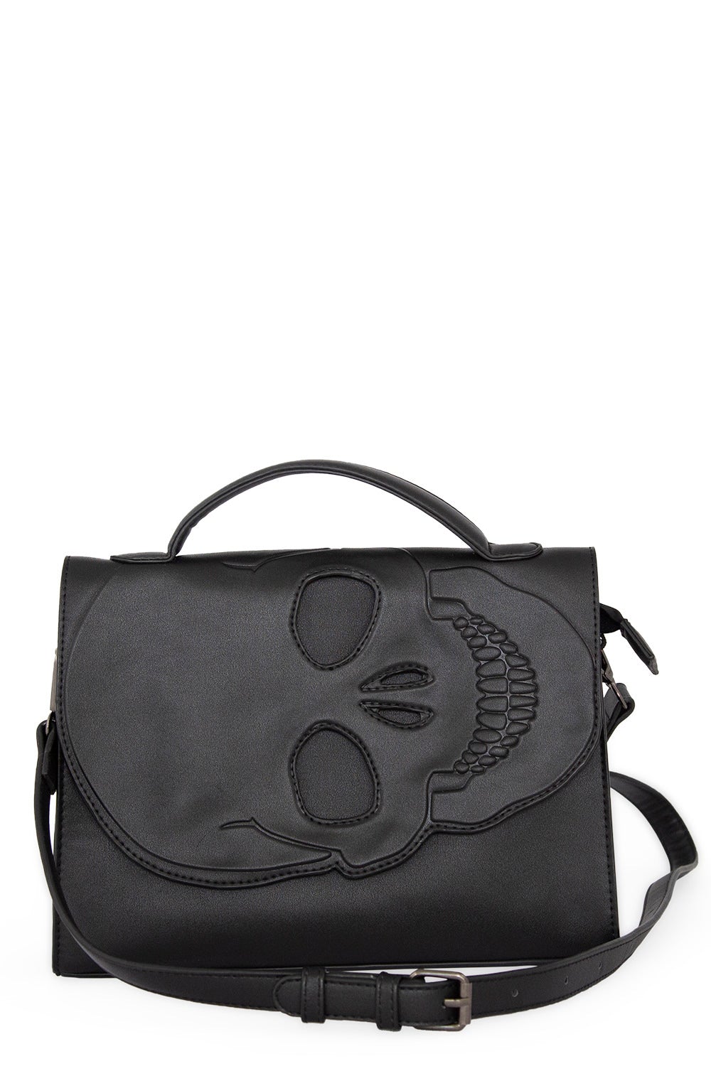 Black handbag with skull cut out flap with handle strap and long adjustable strap