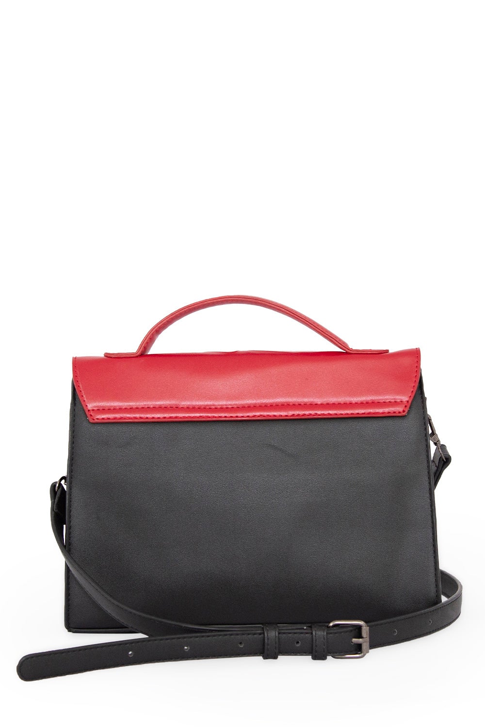 Black handbag with red skull cut out flap with handle strap and long adjustable strap