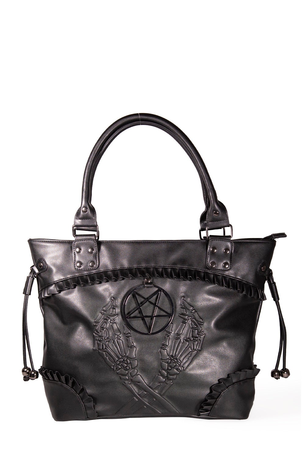 Black tote styled hand bag with black frills, embossed skeleton hands and pentagram. 