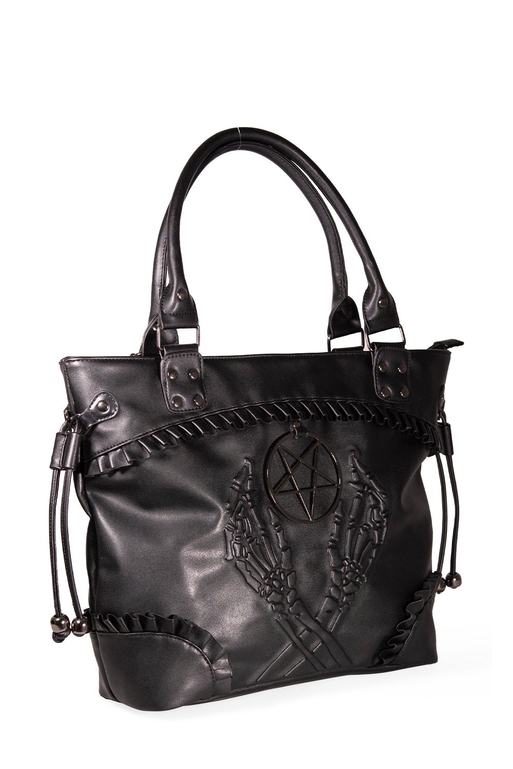Black tote styled hand bag with black frills, embossed skeleton hands and pentagram. 