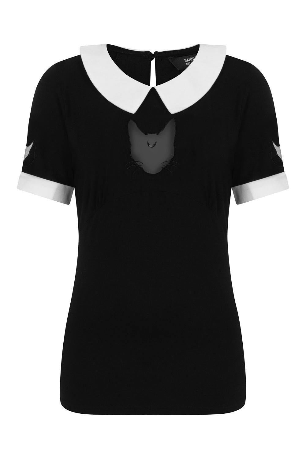 Black short sleeved top with white collar and sleeve cuffs. Cat head mesh panel on the chest.