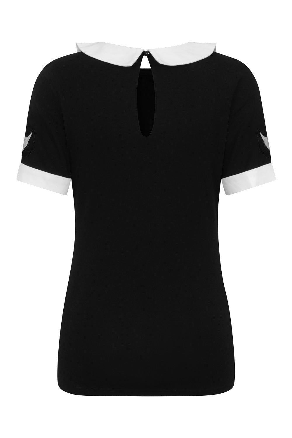 Black short sleeved top with white collar and sleeve cuffs. Cat head mesh panel on the sleeves.