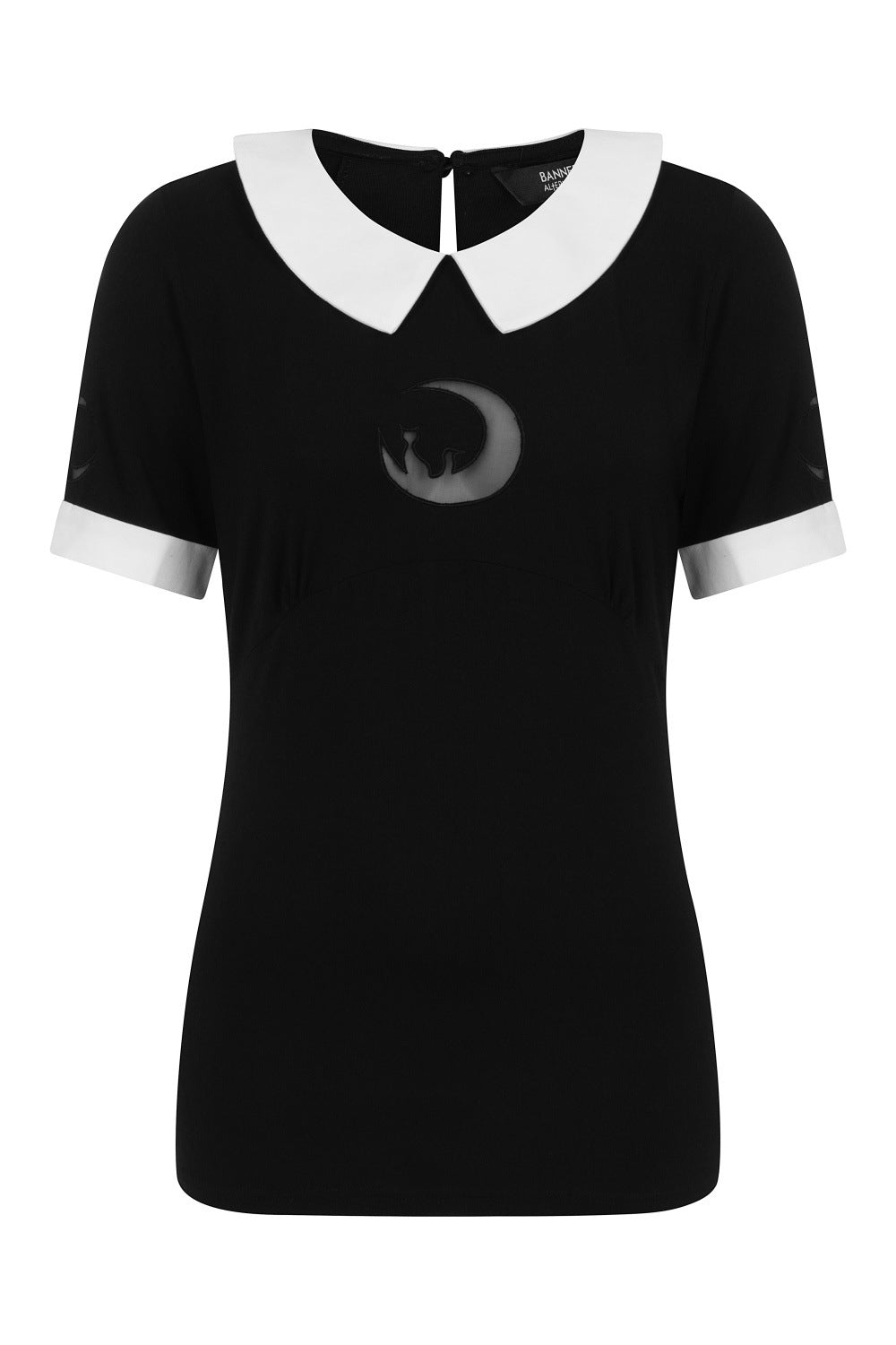 Black short sleeved top with white collar and cuffs. Mesh panel with cat silhouette on a half moon.  