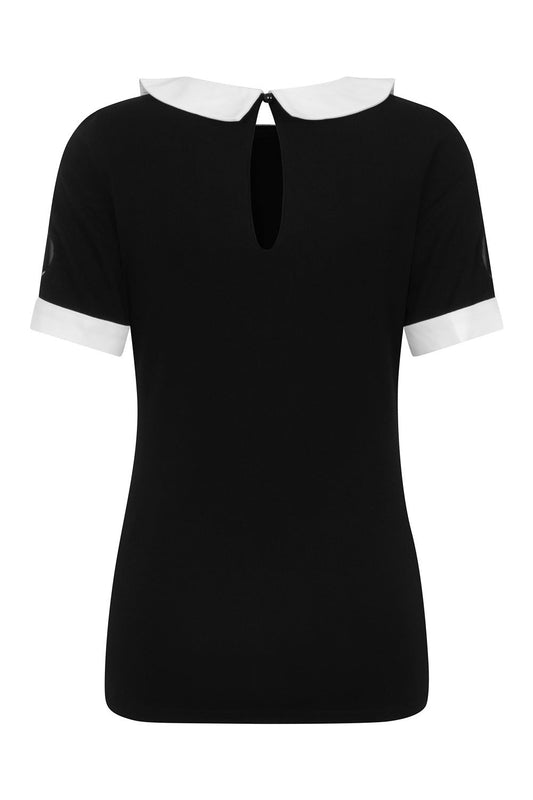 Back of black top with keyhole button and white collar and cuffs.