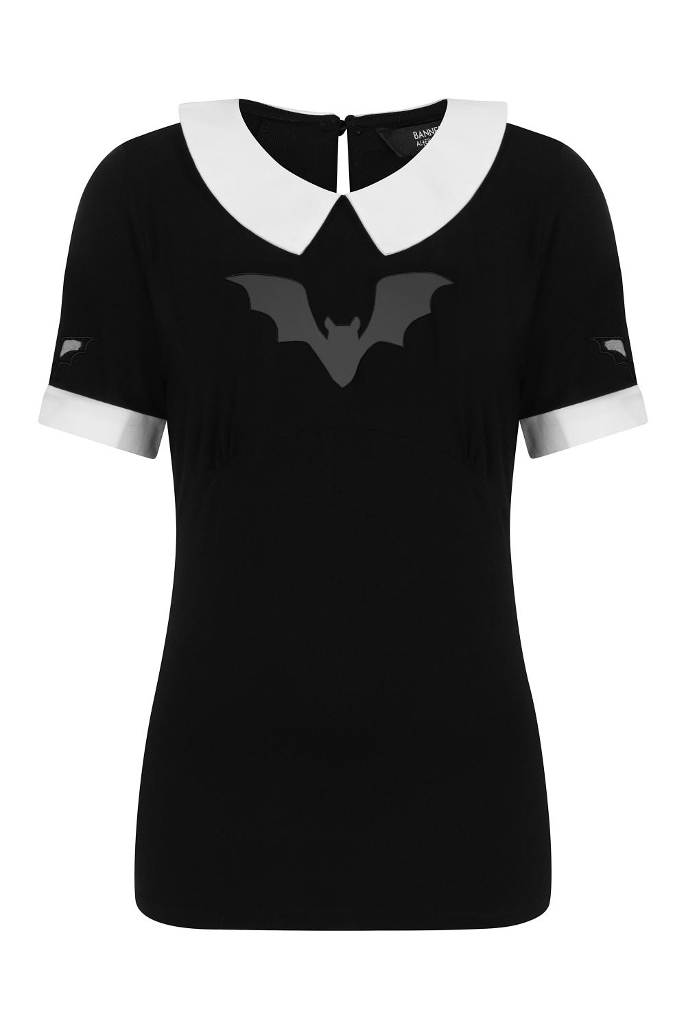 Black short sleeve top with white collar and cuff. Black mesh bat shaped panel on the chest. 