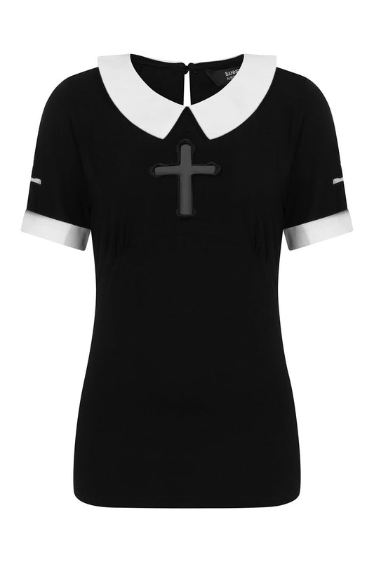 Black short sleeved top with white collar and sleeve cuffs. Cross mesh panel on the chest.