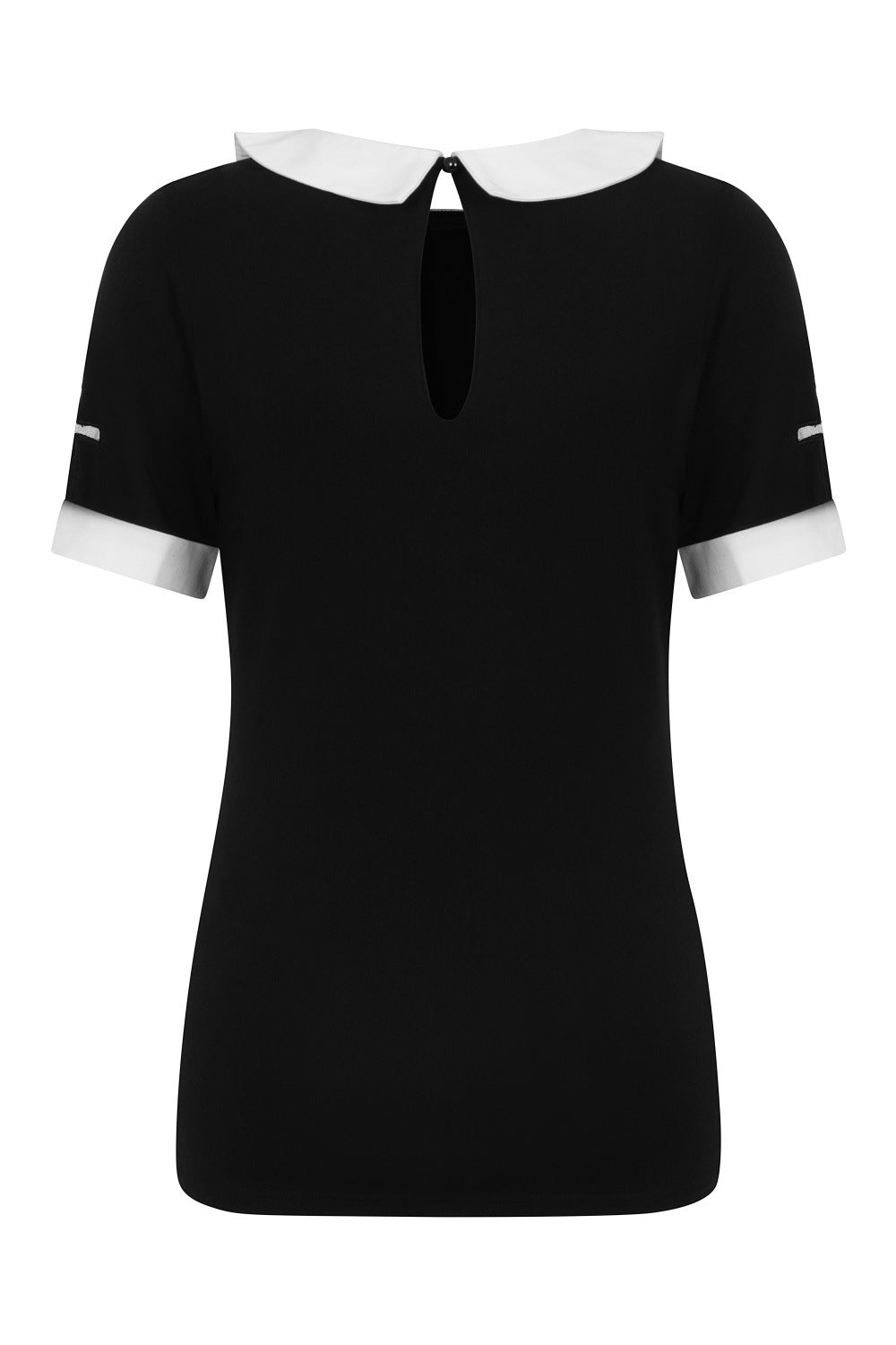 Back of black top showing keyhole button, white collar and cuffs. Cross mesh panels on each sleeve. 