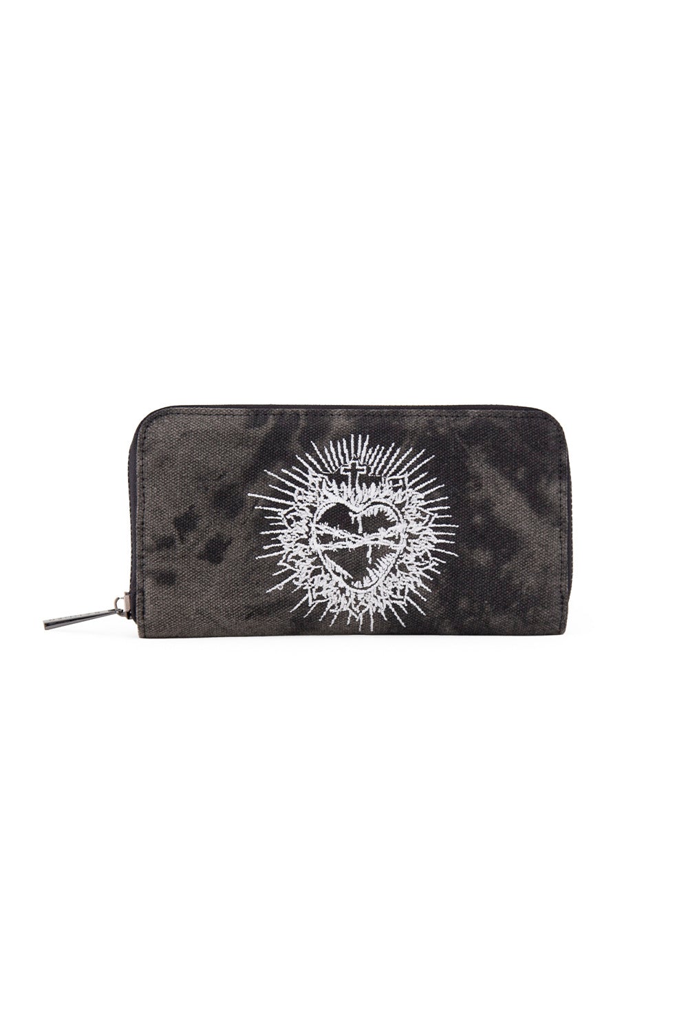 A distressed black pure with sacred hear embroidered on the centre. 