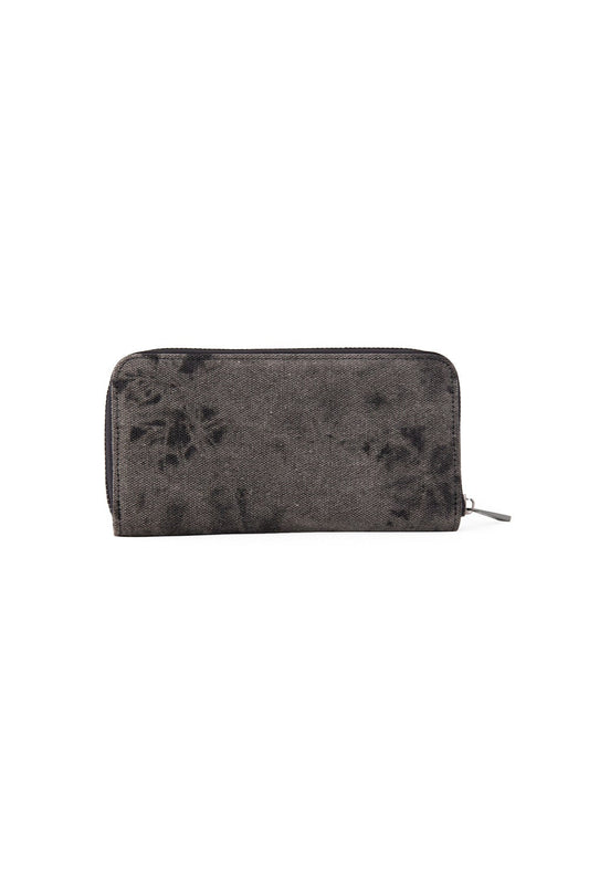 Plain back of distressed black purse. 