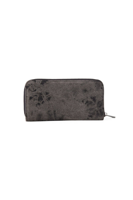Plain back of distressed black purse.