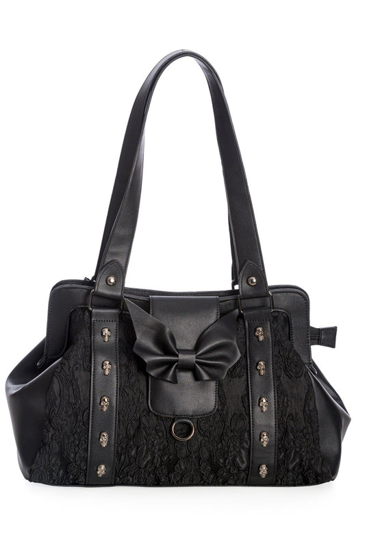 Black shoulder bag with skull studs, lace features and black matte bow. 