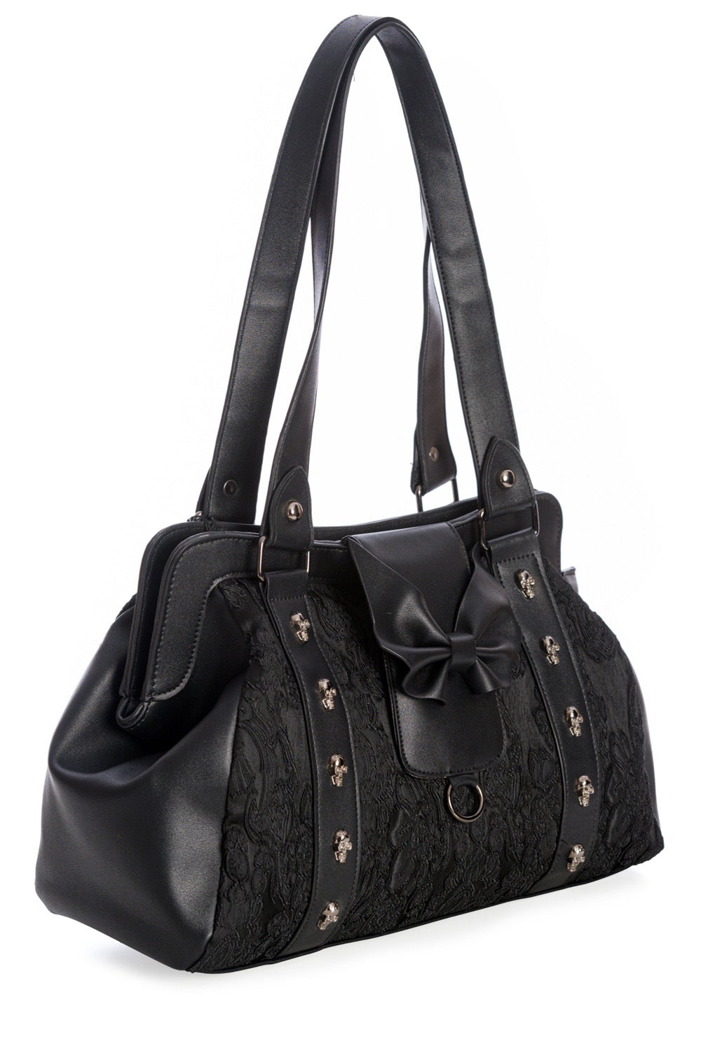 Black shoulder bag with skull studs, lace features and black matte bow. 