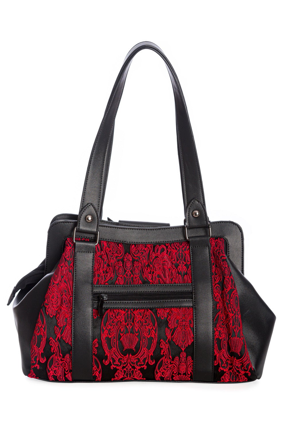 Black and red shoulder bag with skull studs, lace features and black matte bow. 