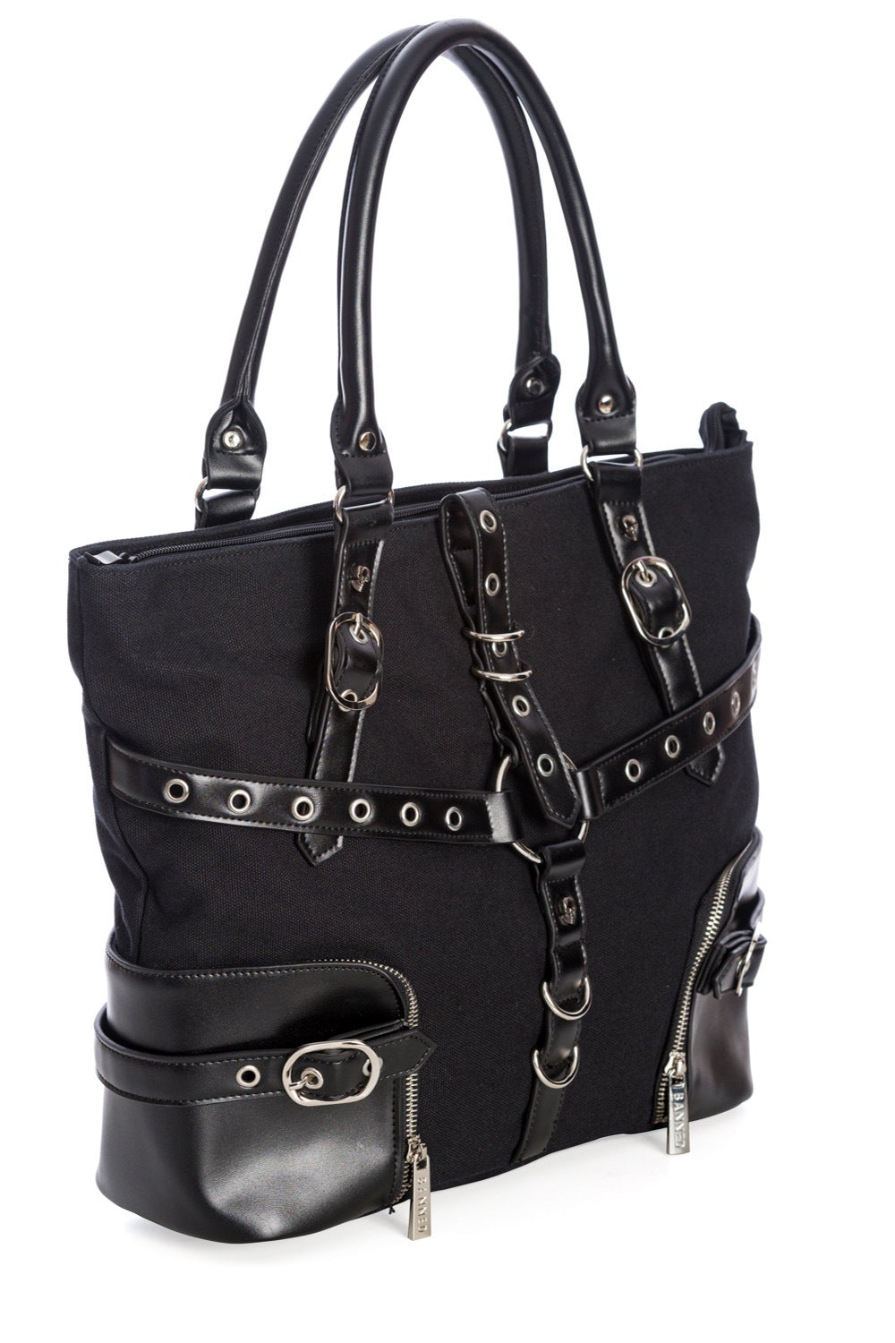 Black tote back with faux leather strap details