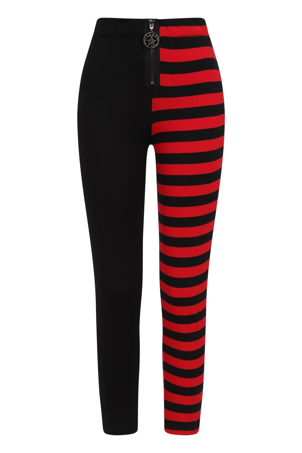 High waisted leggings with one black leg and one red striped leg. Pentagram zip detail. 