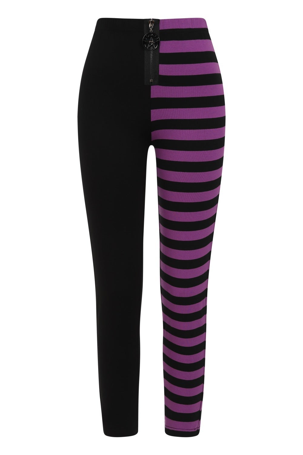 High waisted leggings with one black leg and one purple striped leg. Pentagram zip detail. 