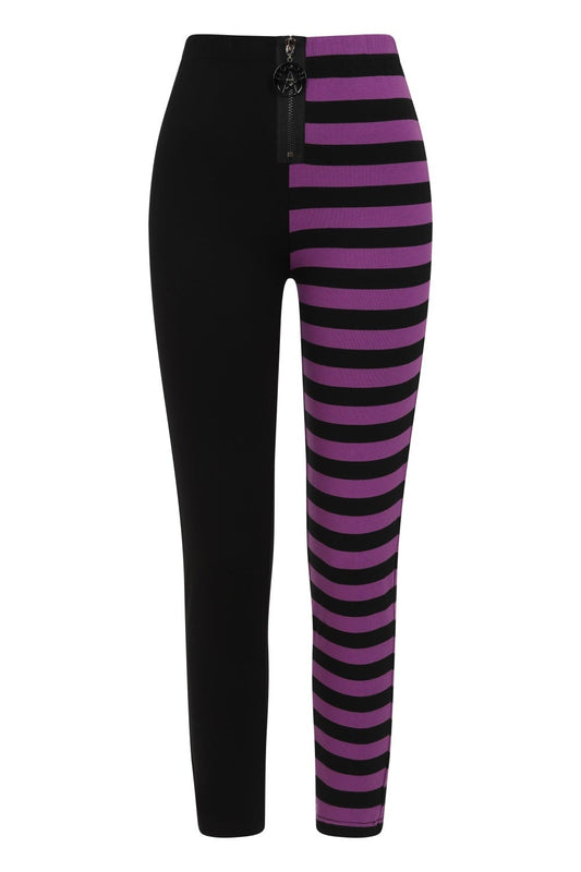 High waisted leggings with one black leg and one purple striped leg. Pentagram zip detail.