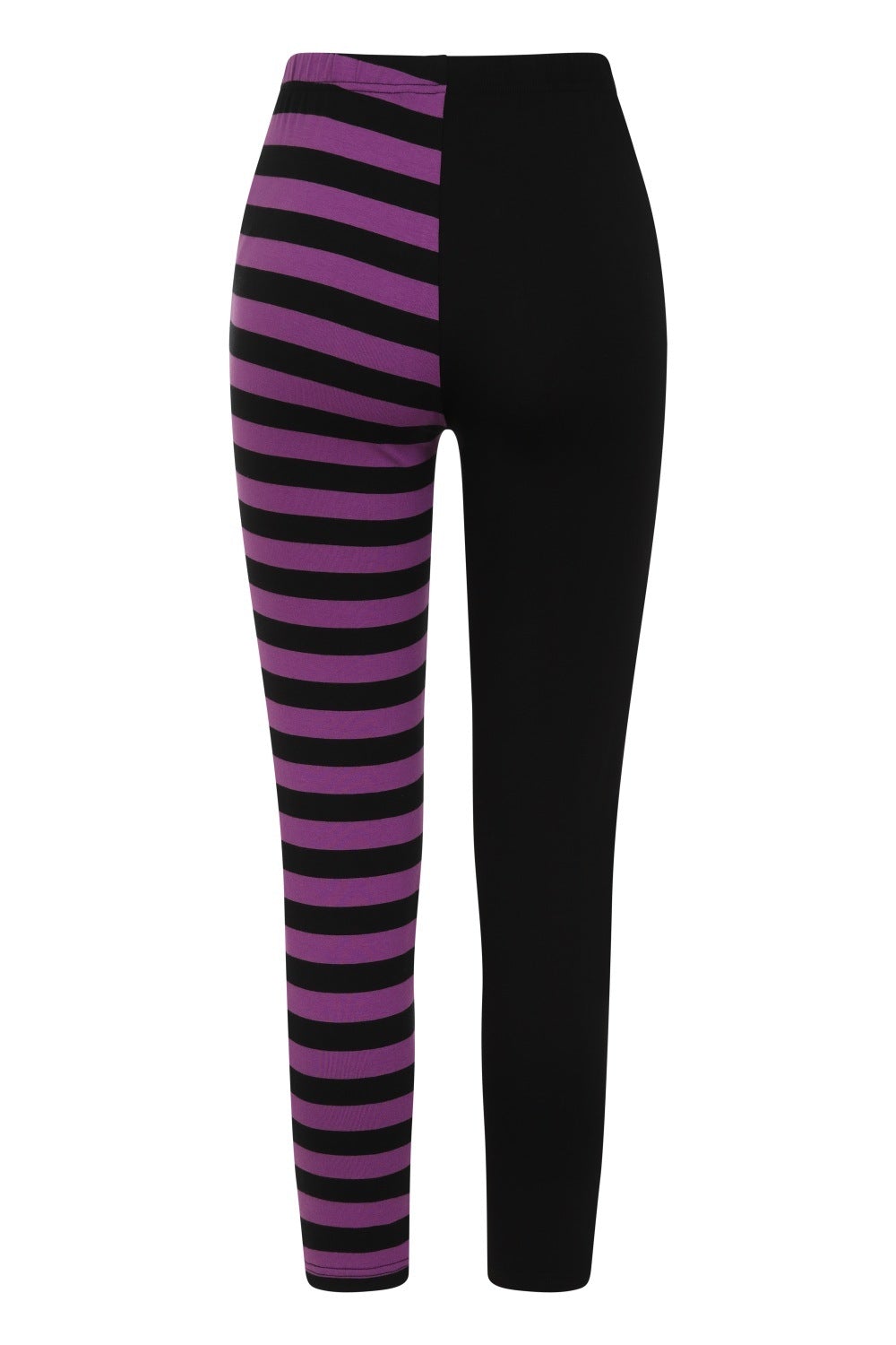 Back of High waisted leggings with one black leg and one purple striped leg. 
