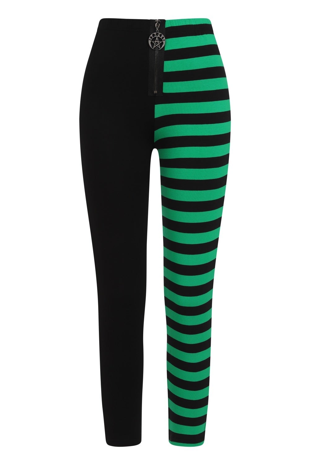 High waisted leggings with one black leg and one green striped leg. Pentagram zip detail. 