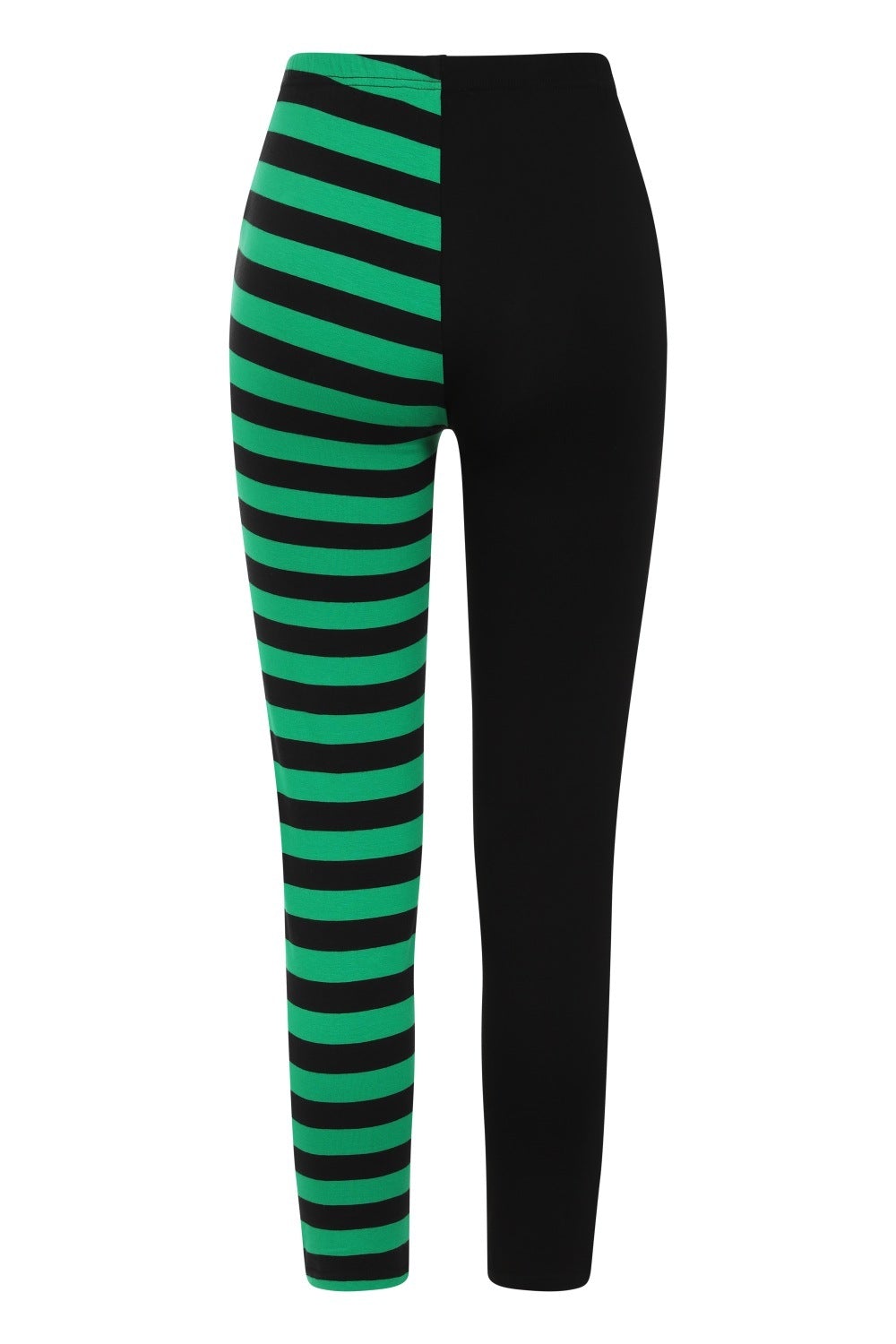 Back of High waisted leggings with one black leg and one green striped leg. 