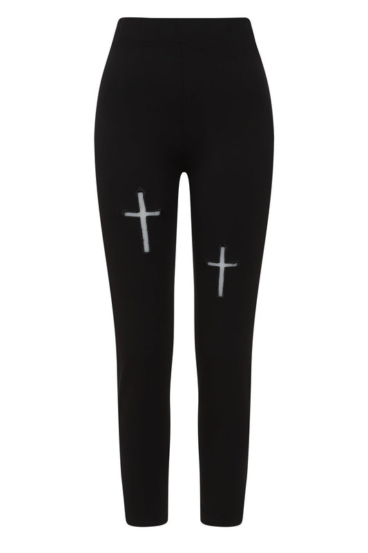 Ghost image of black high waisted leggings with mesh cross cut out on both legs.