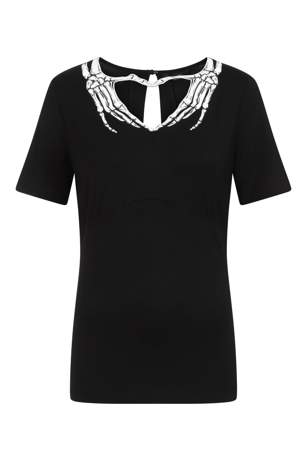 Short sleeve black top with skeleton hands around the collar creating a heart shape. 