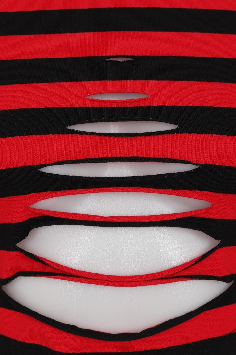 Ghost image of red and black stripped cropped top with ripped details