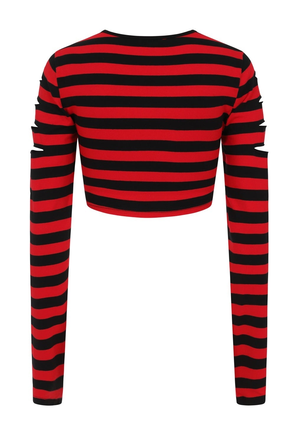 Ghost image of red and black stripped cropped top with ripped details