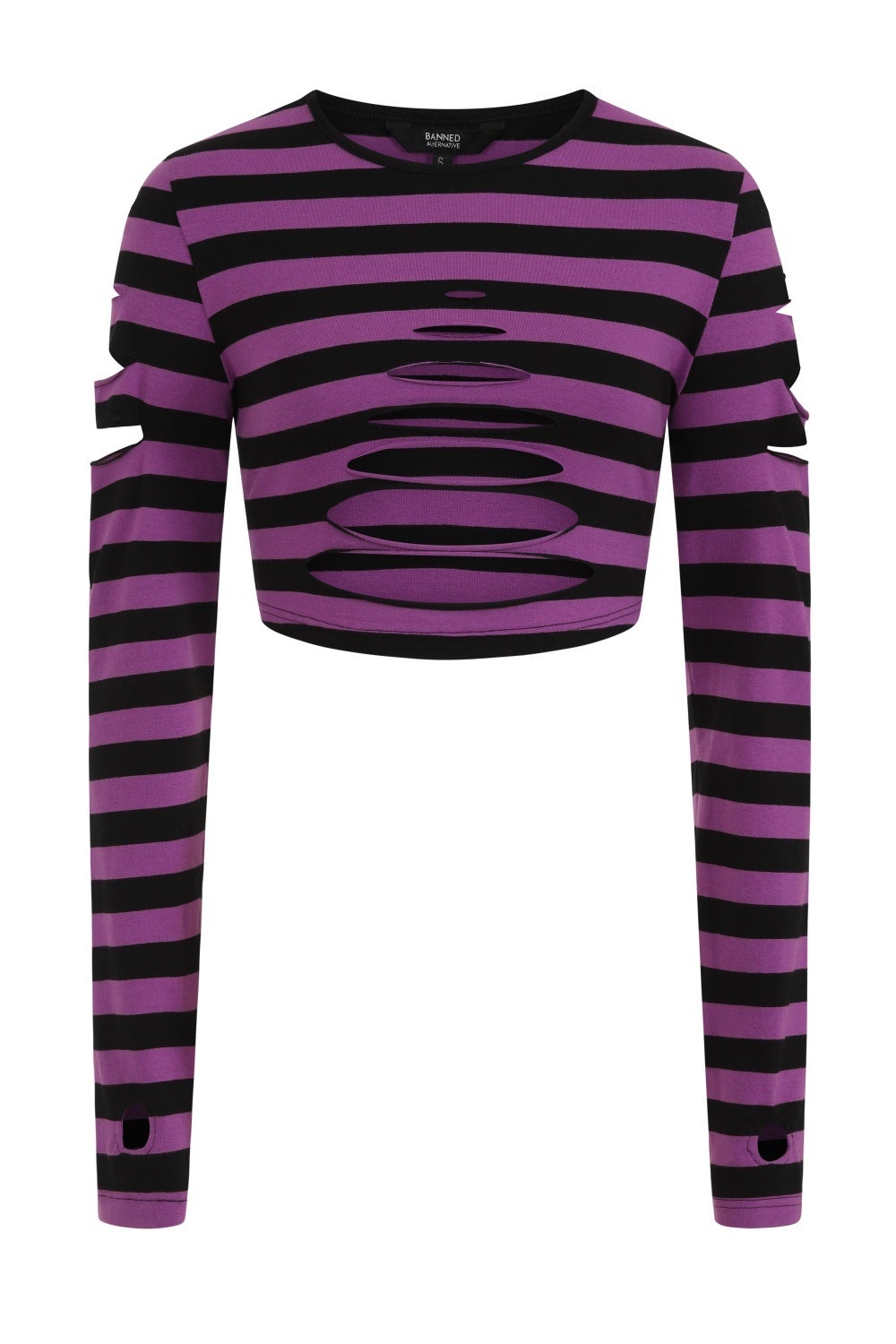 Ghost image of purple and black stripped cropped top with ripped details