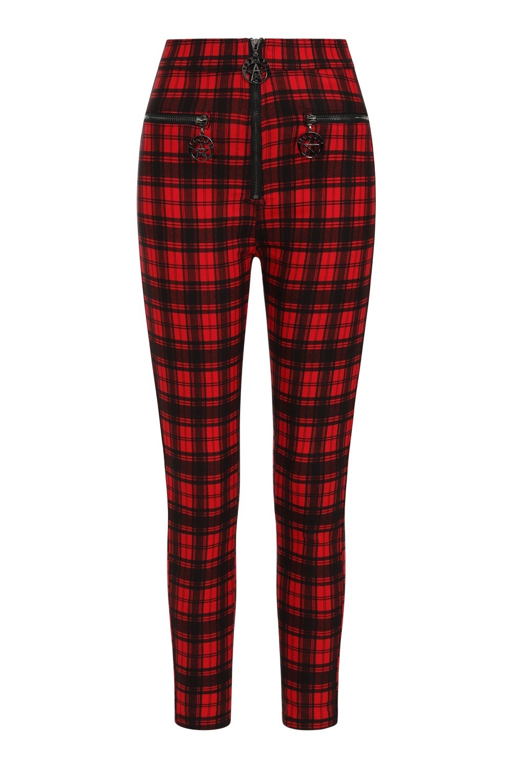High waisted red check trousers with pentagram zip details. 