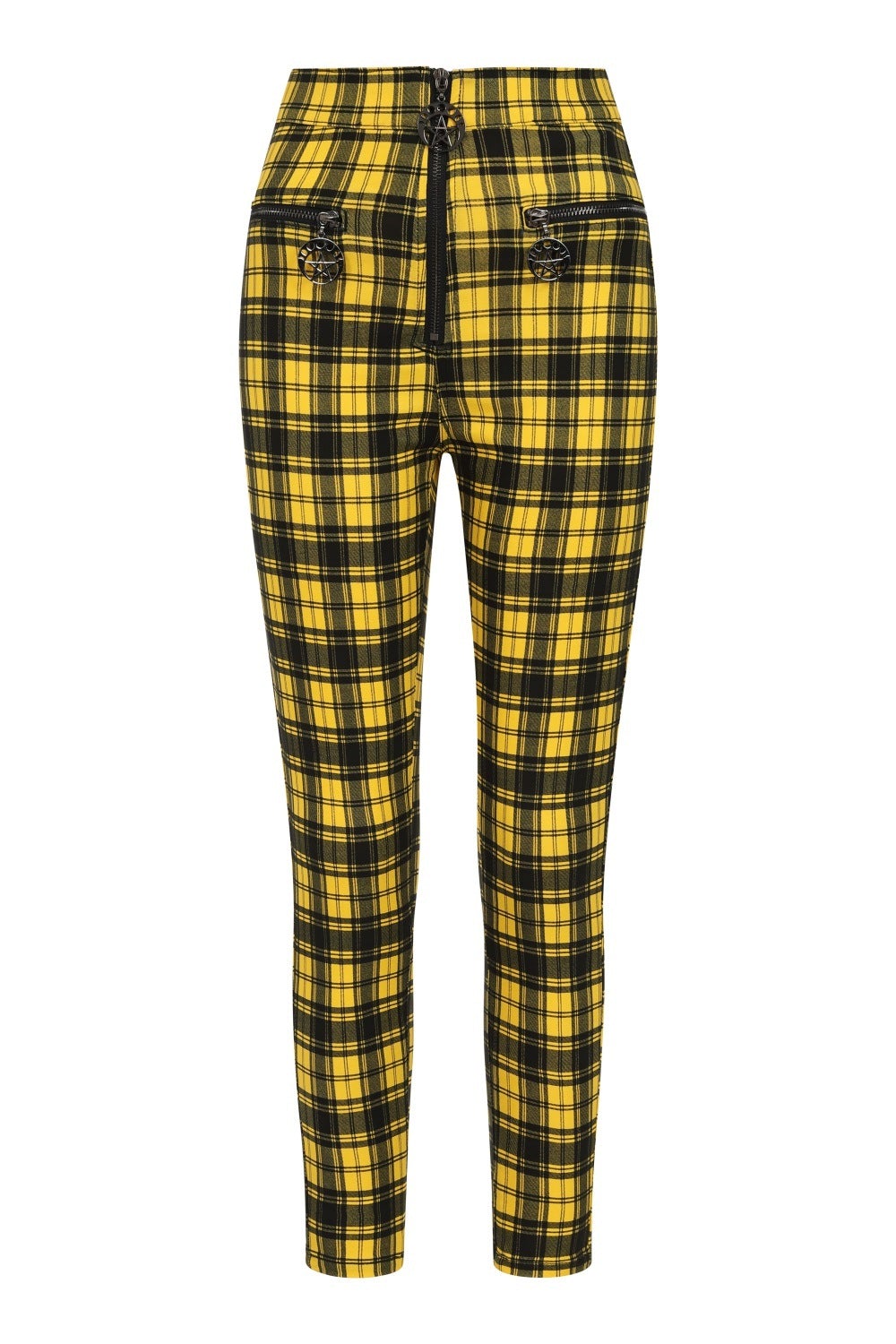 High waisted yellow check trousers with pentagram zip details. 