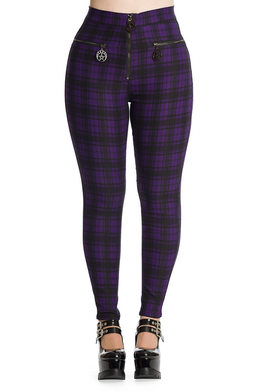 High waisted purple check trousers with pentagram zip details.