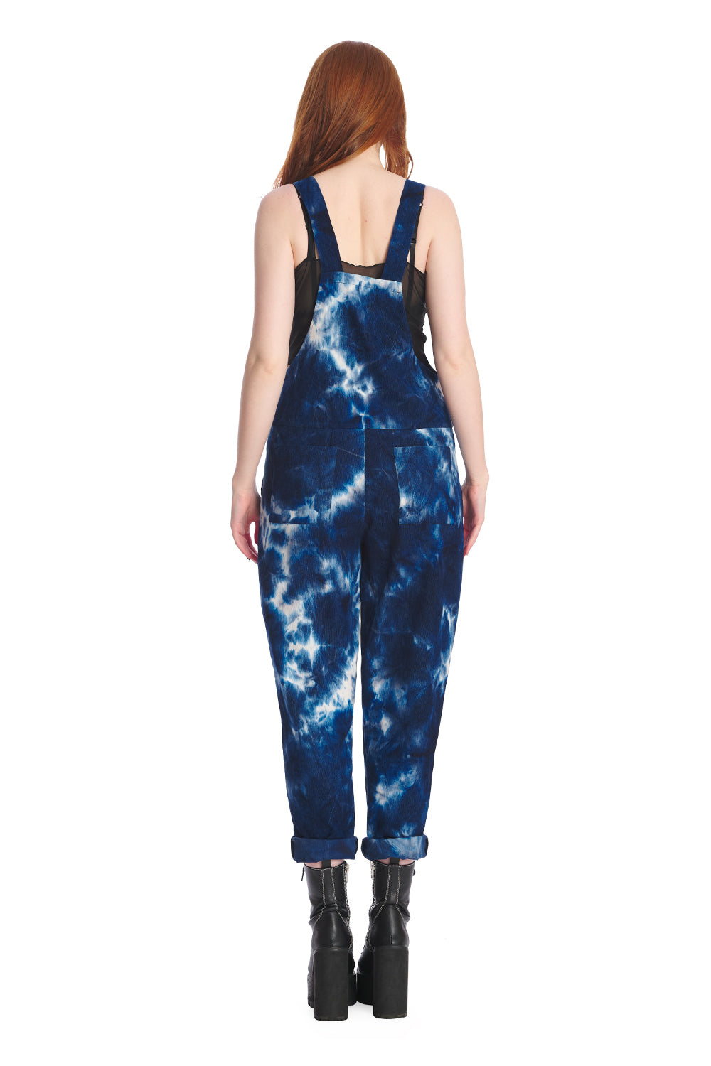 Back of blue tie dyed dungarees. 