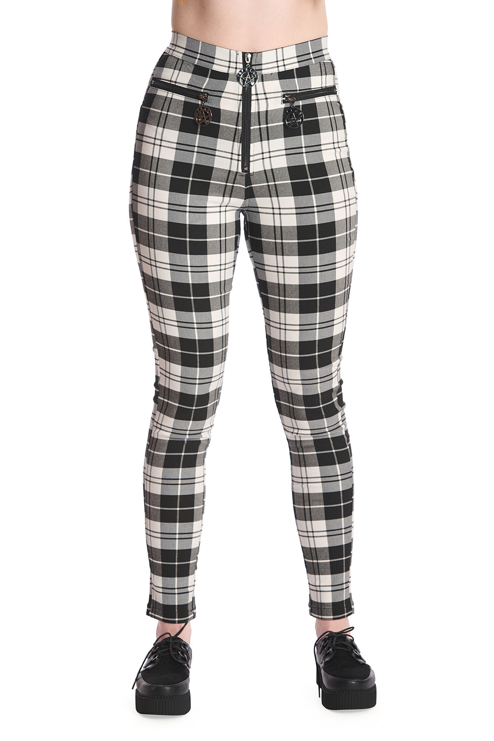  High waisted check skinny legged trousers in black and white 
