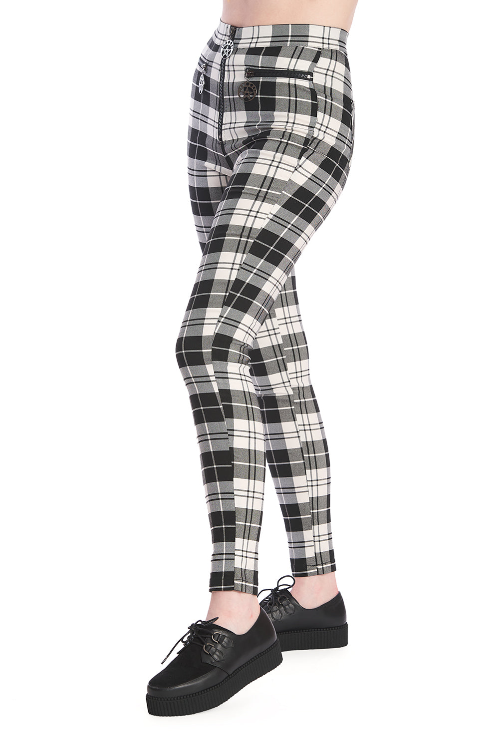  High waisted check skinny legged trousers in black and white 