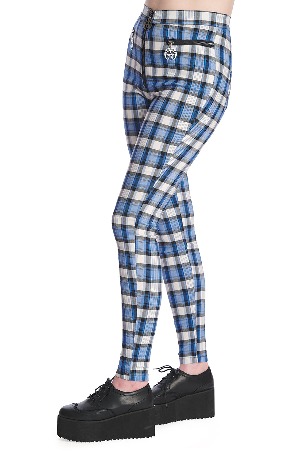  High waisted check skinny legged trousers in blue
