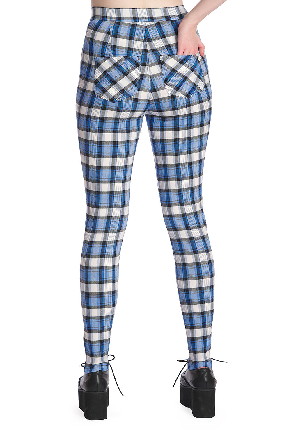  High waisted check skinny legged trousers in blue