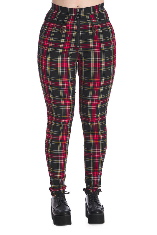Red tartan skinny legged, high waisted trousers.