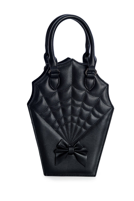 Small coffin shaped handbag with quilted spider web print and black bow. 