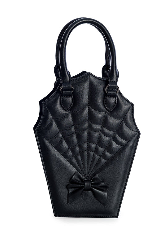 Small coffin shaped handbag with quilted spider web print and black bow.